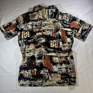 Vintage 90s Abstract Shirt Mens XL Cotton Linen Black Tan Button Up